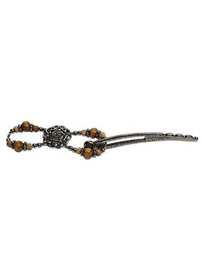 Lilla Rose Flexi Hair Clip Barrette Celtic Knot Silvertone Wooden Beads 3.5 inch